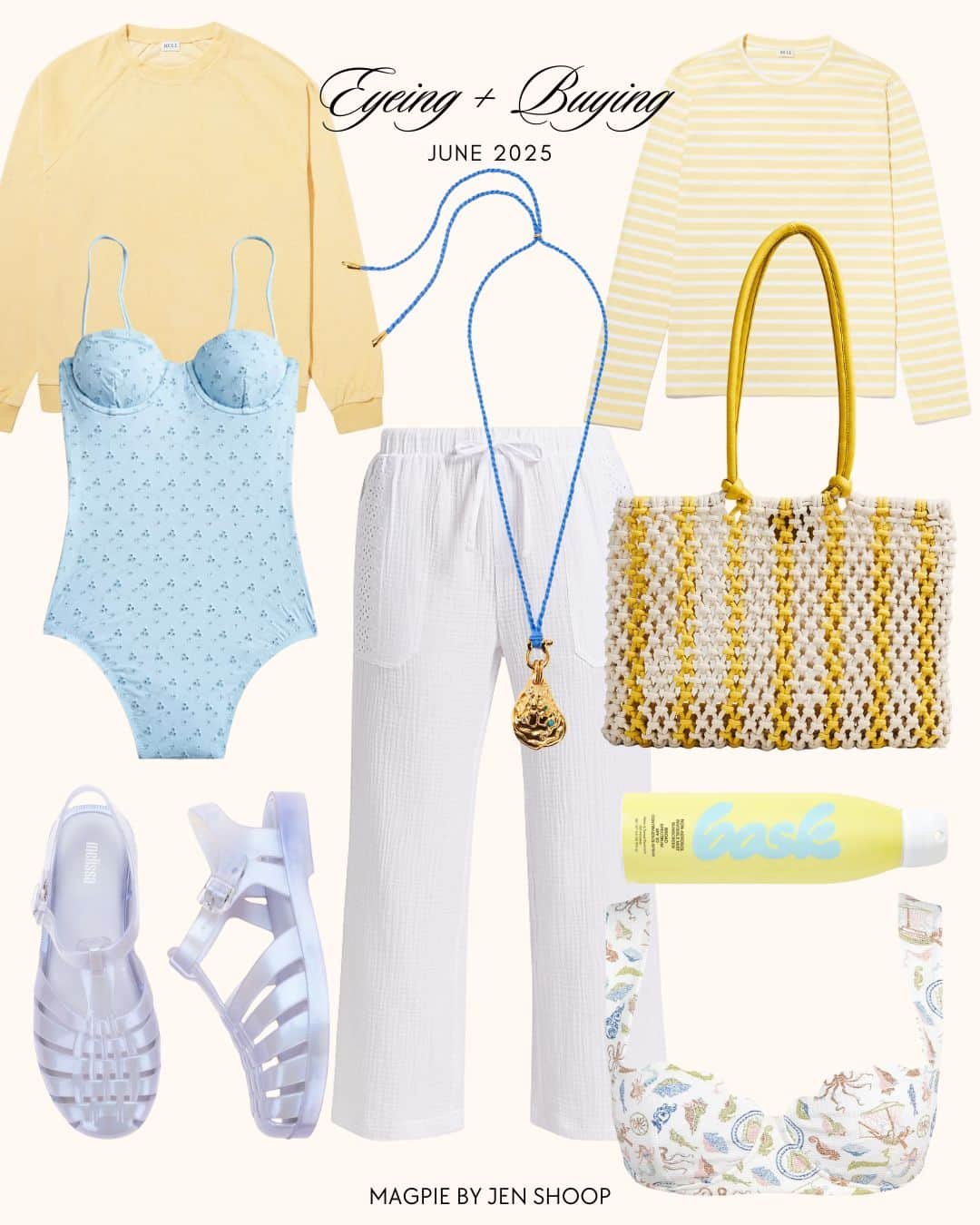 blue and yellow summer shopping collage