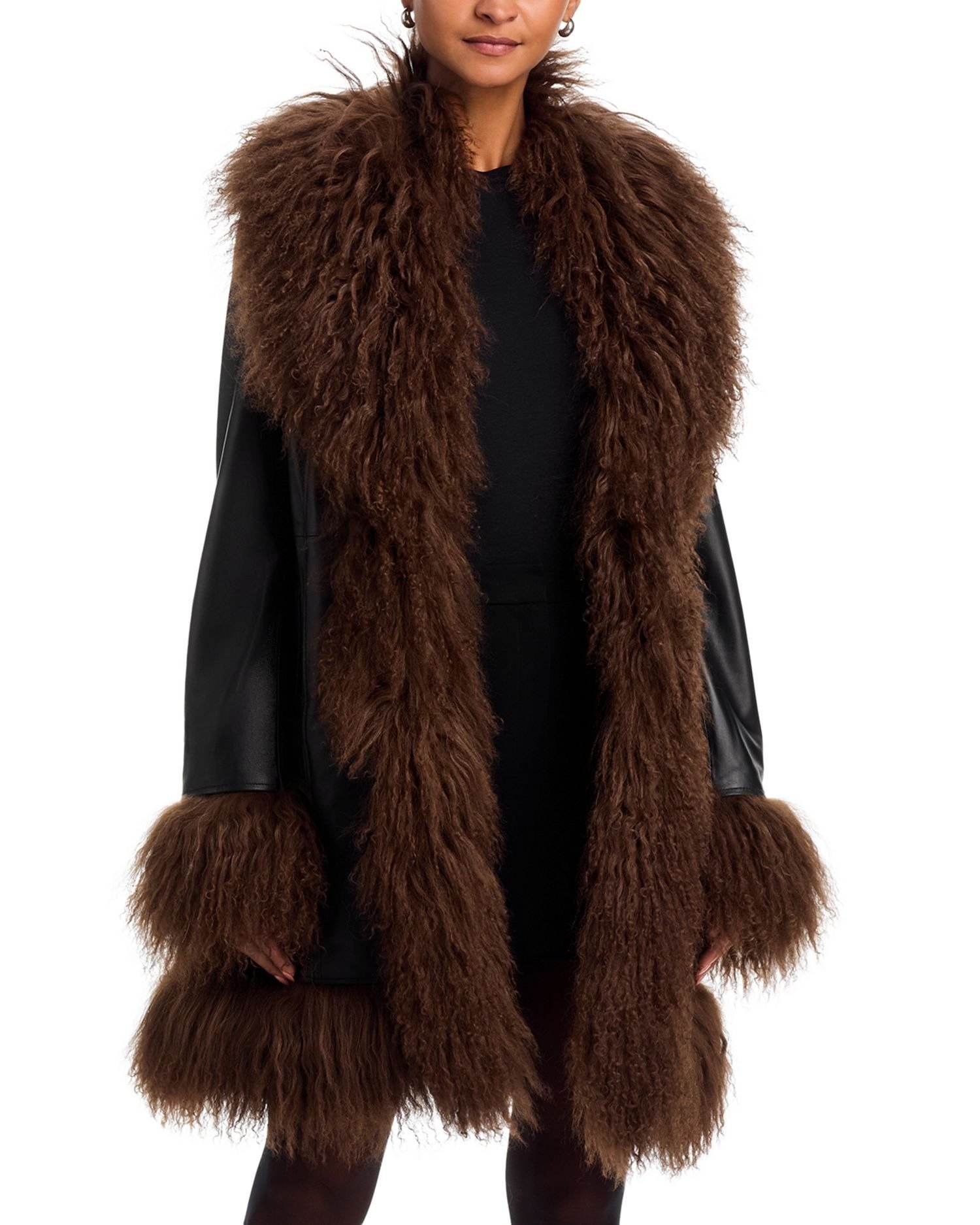 Dorothy Leather & Shearling Trim Midi Coat