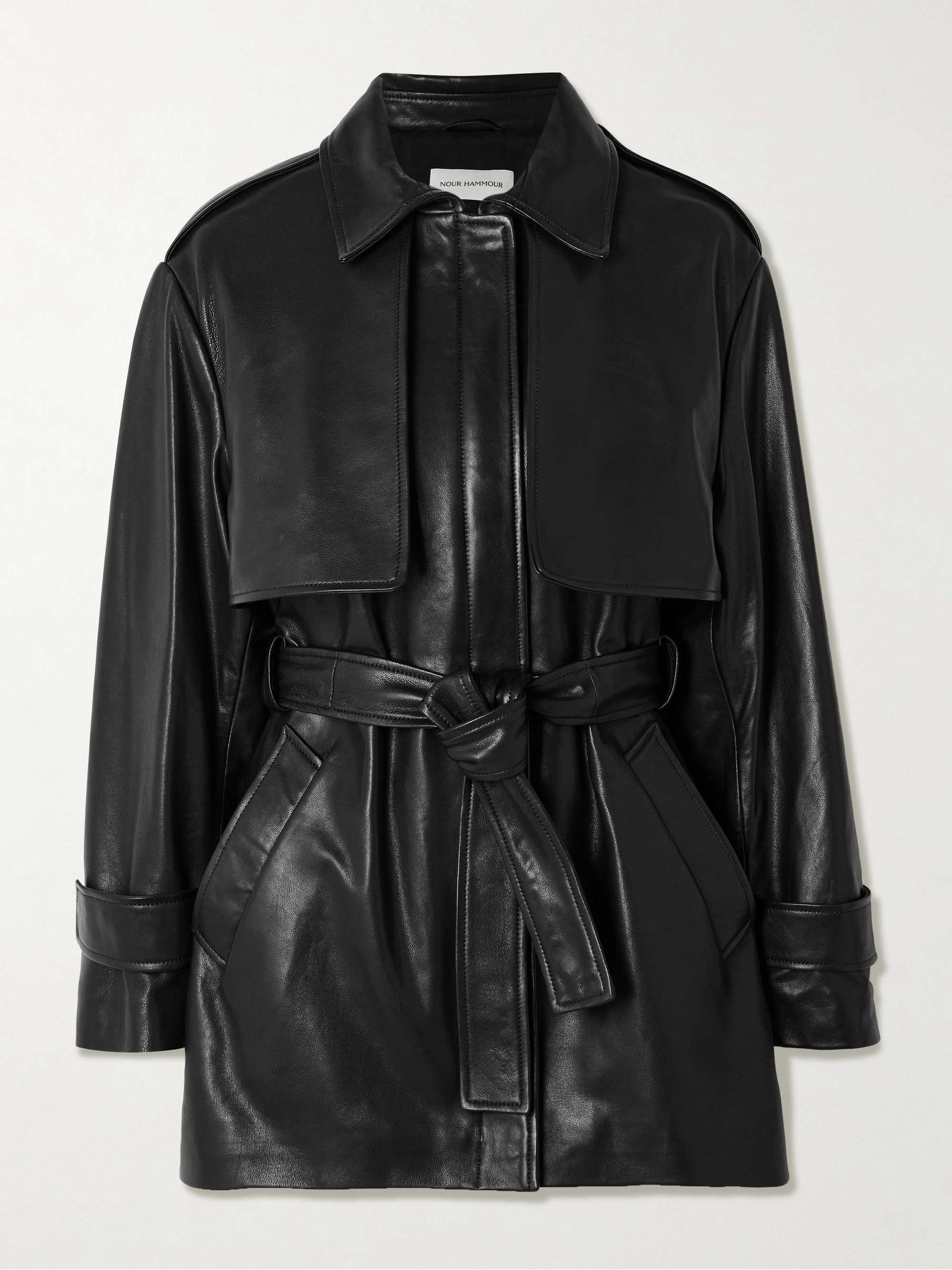 Priya Belted Paneled Leather Jacket