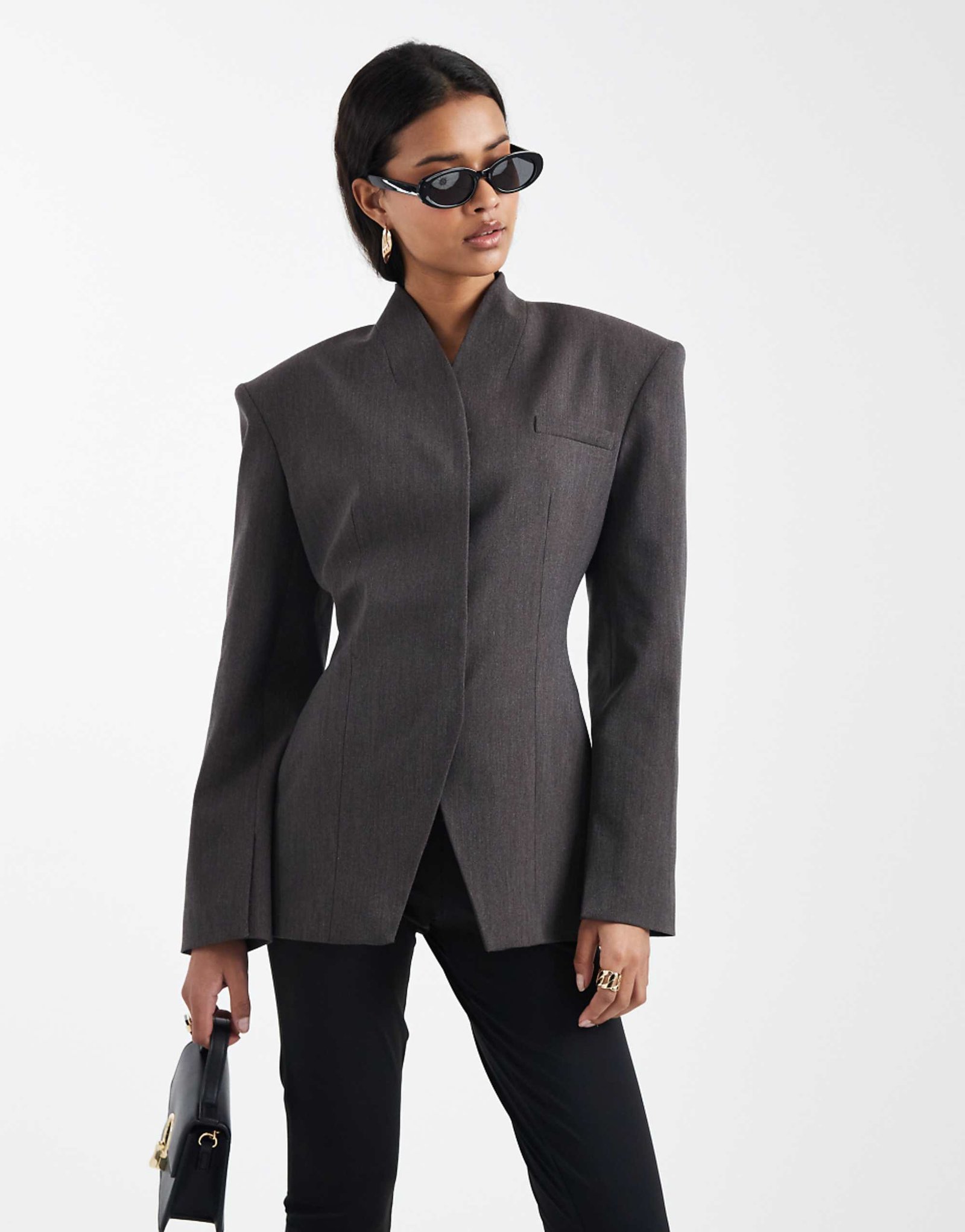 Asos Design High Neck Wrap Blazer in Dark Chocolate Melange