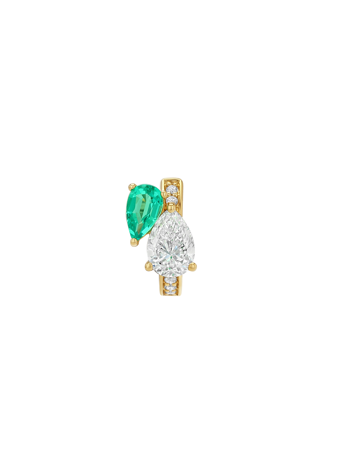 14k Double Pear-Cut Huggie Earring in Lab Diamond and Petite Lab Emerald, 14k Yellow Gold